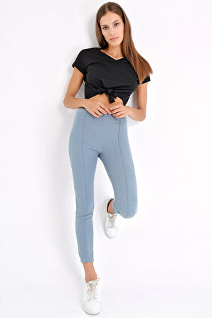 Power Strech Likralı Dar Kesim Yüksek Bel Beli Lastikli Bilek Boy Pantolon-Mavi