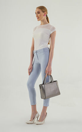 Kalın Kemerli D Tokalı Likralı Bilek Boy Kumaş Pantolon-Mavi