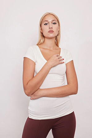 Ön-Arka V Kısa Kol Body -Krem