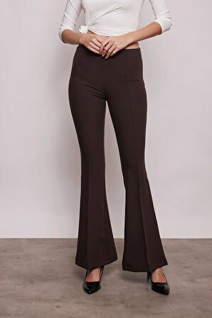 Yüksek Bel Ön Arka Dikişli İspanyol Paça Tayt Likralı Kumaş Pantolon-Kahverengi