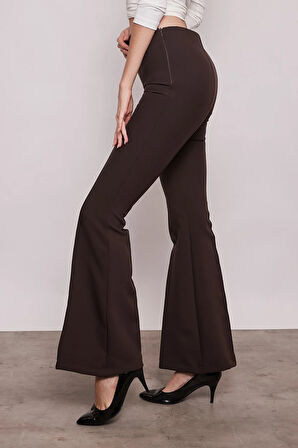 Yüksek Bel Ön Arka Dikişli İspanyol Paça Tayt Likralı Kumaş Pantolon-Kahverengi