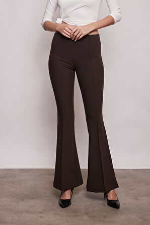 Yüksek Bel Ön Arka Dikişli İspanyol Paça Tayt Likralı Kumaş Pantolon-Kahverengi