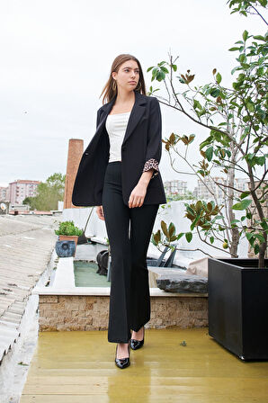 Yüksek Bel Ön Arka Dikişli İspanyol Paça Tayt Likralı Kumaş Pantolon-Siyah