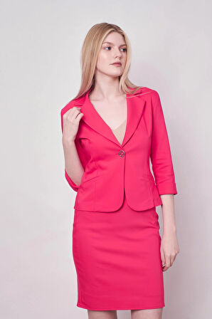 Yakalı Flato Cepli Capri Truvakar Kol Kısa Blazer Ceket-Fuşya