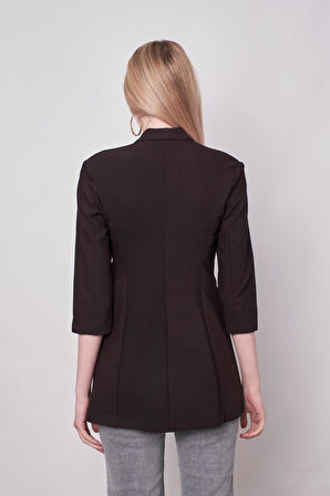 Hakim Yaka Flato Cepli Kolu Yırtmaçlı Uzun Blazer Kumaş Ceket-Siyah