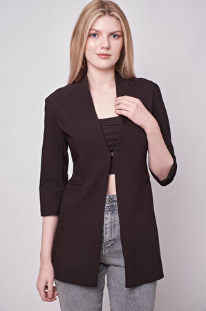 Hakim Yaka Flato Cepli Kolu Yırtmaçlı Uzun Blazer Kumaş Ceket-Siyah