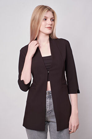 Hakim Yaka Flato Cepli Kolu Yırtmaçlı Uzun Blazer Kumaş Ceket-Siyah