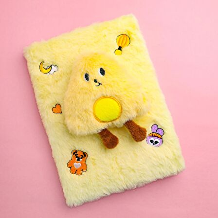 Sevimli Karakter Sarı Peluş Çizgili Defter