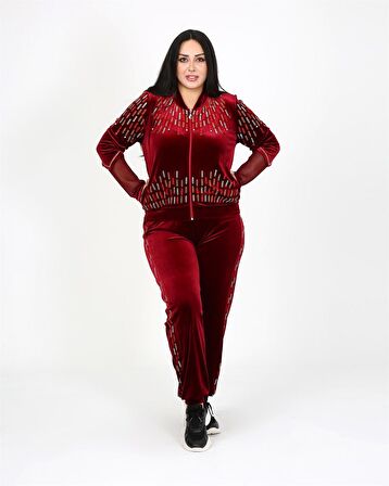 Desenli Büyük Beden Kadife Bordo Eşofman Takımı