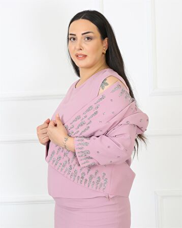 Taş İşlemeli Krep Kumaş Pudra Üçlü Takım