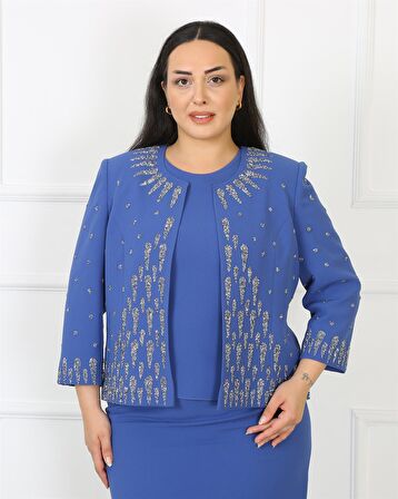 Taş İşlemeli Krep Kumaş Mavi Üçlü Takım