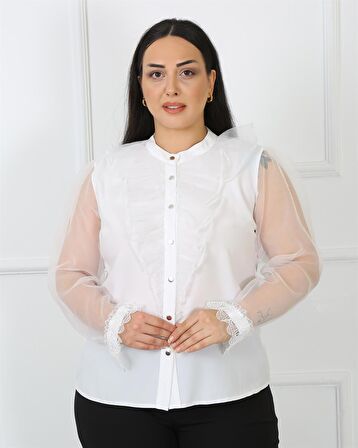 Kolları Tül Dantel Detaylı Jessica Kumaş Beyaz Bluz