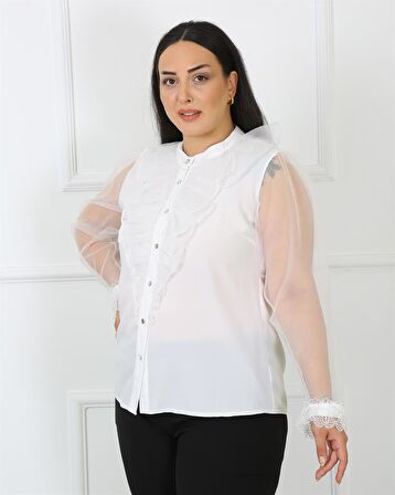 Kolları Tül Dantel Detaylı Jessica Kumaş Beyaz Bluz