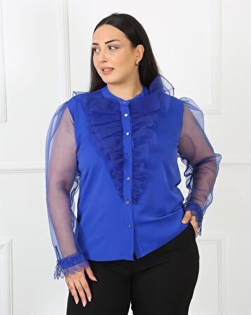 Kolları Tül Dantel Detaylı Jessica Kumaş Saks Mavi Bluz