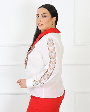 Uzun Kollu Krep Bluz Double Kumaş Pantolon Kırmızı İkili Takım 