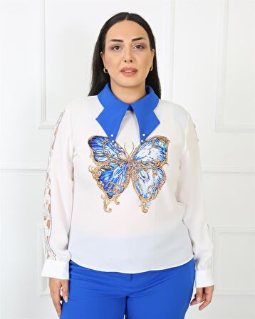 Uzun Kollu Krep Bluz Double Kumaş Pantolon Mavi İkili Takım 