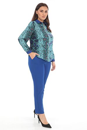 Fermuarlı Jessica Kumaş Bluz Double Kumaş Pantolon Mavi İkili Takım