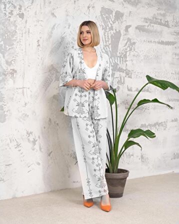 Kadın Takım Keten Kimono Etnik Desenli Pantolon Beli Lastikli Cepsiz Düz Paça