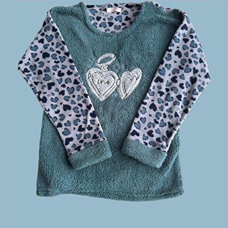 Kadın  Polar Peluş Pijama Takımı Sweat-Eşofmanalt Kalp Love Büyük Beden