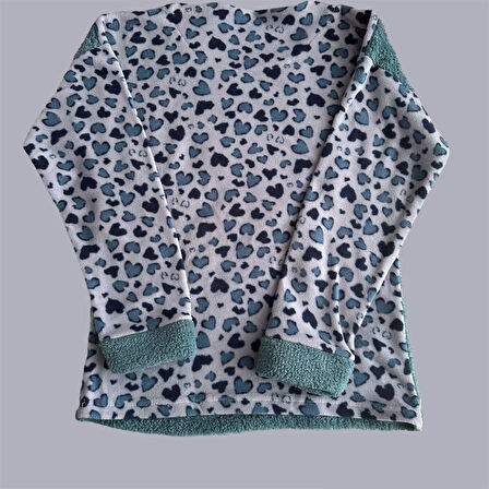 Kadın  Polar Peluş Pijama Takımı Sweat-Eşofmanalt Kalp Love Büyük Beden
