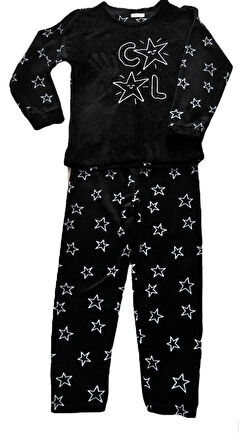 Kadın  Polar Peluş Pijama Takımı Sweat-Eşofmanalt Yıldızlı Cool Büyük Beden