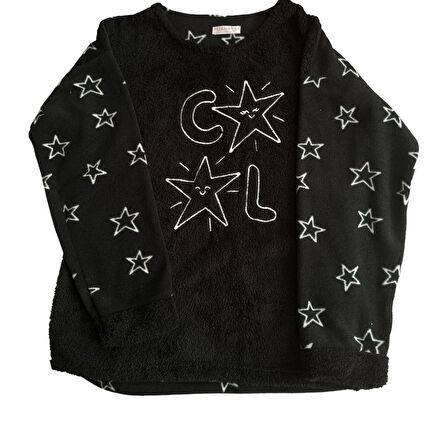 Kadın  Polar Peluş Pijama Takımı Sweat-Eşofmanalt Yıldızlı Cool Büyük Beden