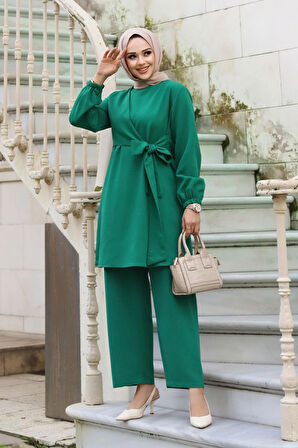 Yandan Bağlamalı Tesettür Yeşil Takım 