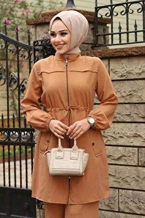 Tünel Detaylı Tesettür Camel Takım 