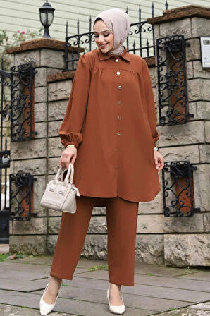 Büzgü Detaylı Tesettür Kahverengi Takım 
