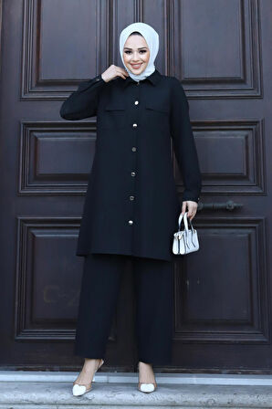 Cep Detaylı Tesettür Siyah Takım 