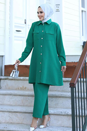 Cep Detaylı Tesettür Yeşil Takım 