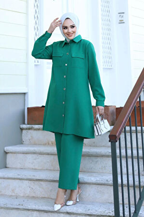 Cep Detaylı Tesettür Yeşil Takım 