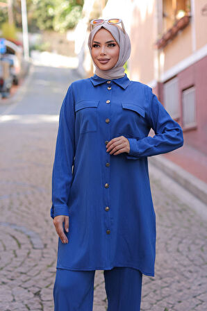 Cep Detaylı Tesettür İndigo Takım 