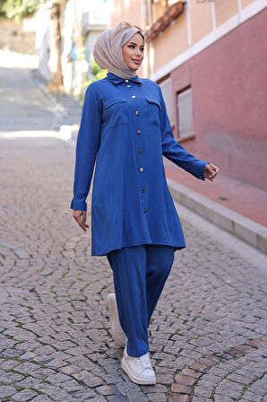 Cep Detaylı Tesettür İndigo Takım 