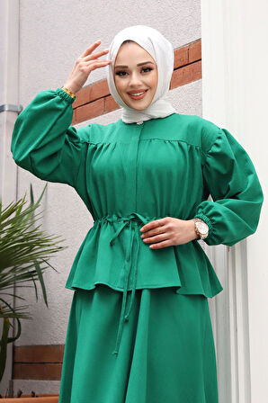 Bronş Detaylı Tesettür Yeşil Takım 