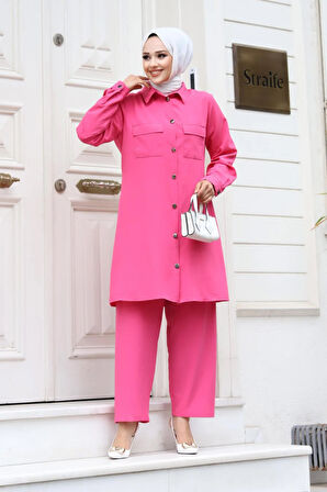 Cep Detaylı Tesettür Fuşya Takım 