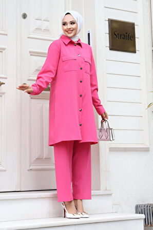 Cep Detaylı Tesettür Fuşya Takım 