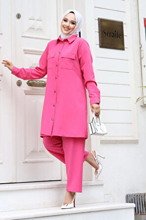 Cep Detaylı Tesettür Fuşya Takım 