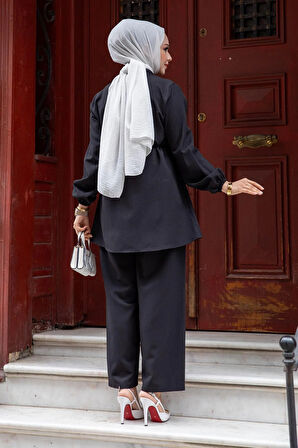 Hakim Yaka Detaylı Tesettür Siyah Takım 