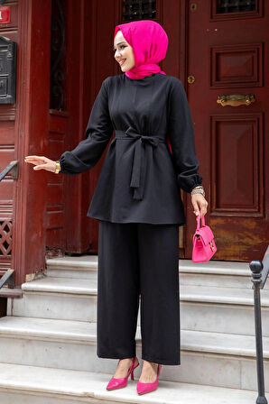 Dikiş Detaylı Tesettür Siyah Takım 