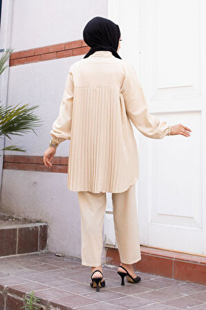 Pilise Detaylı Tesettür Bej Takım 