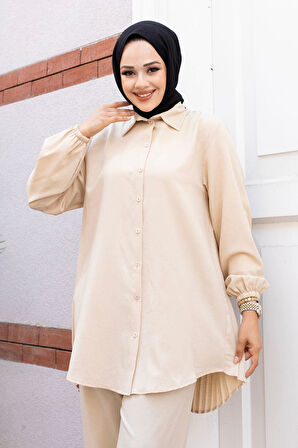 Pilise Detaylı Tesettür Bej Takım 
