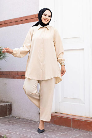 Pilise Detaylı Tesettür Bej Takım 
