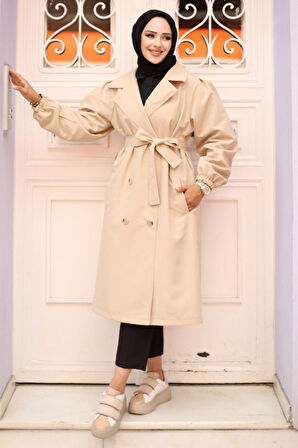 Omzu pileli Detaylı Trençkot  Bej 4429