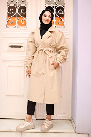 Omzu pileli Detaylı Trençkot  Bej 4429