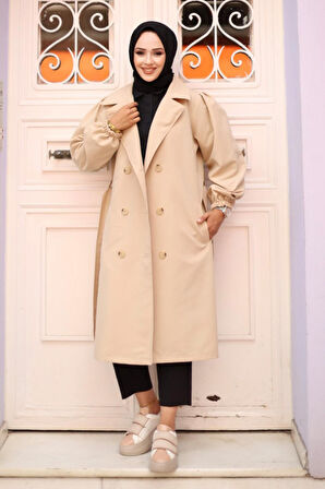 Omzu pileli Detaylı Trençkot  Bej 4429