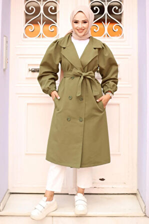 Omzu pileli Detaylı Trençkot  Haki 4429