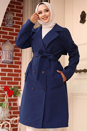 Omuzu Apolet Detaylı Trençkot  İndigo 4428