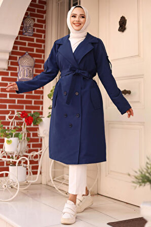 Omuzu Apolet Detaylı Trençkot  İndigo 4428