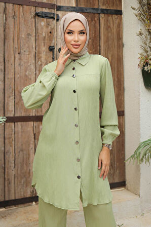 Büzgü Detaylı Tesettür Mint Takım